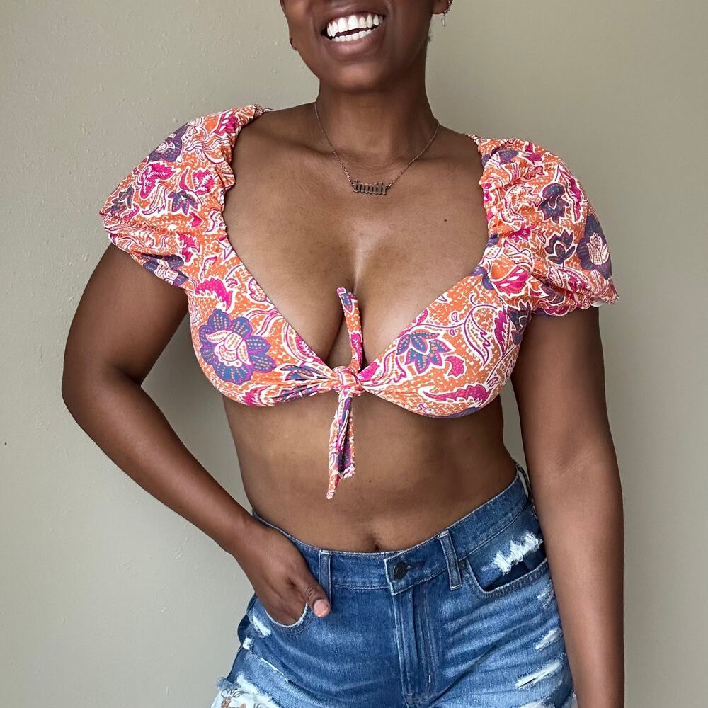 Cleobella Maude Orange Retro Floral Bikini Top in Tropique Print Size Medium
